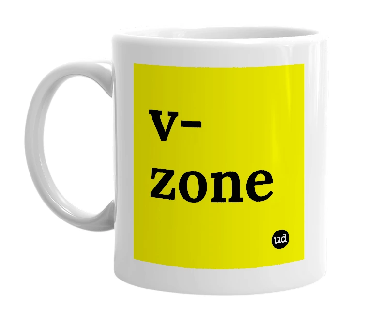 White mug with 'v-zone' in bold black letters