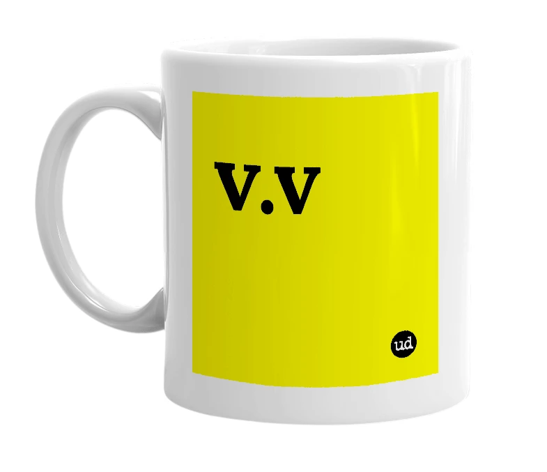 White mug with 'v.v' in bold black letters