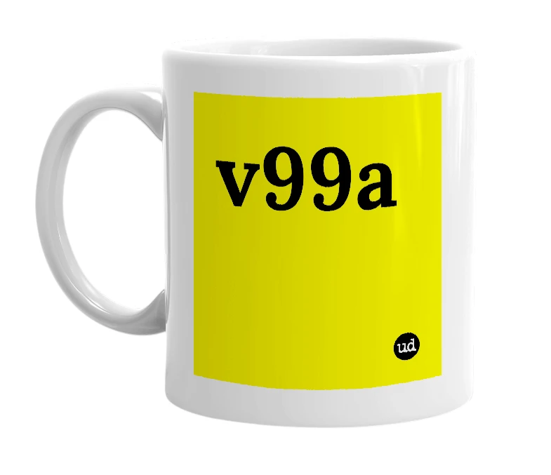 White mug with 'v99a' in bold black letters