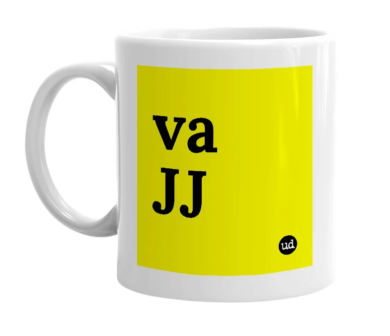 White mug with 'va JJ' in bold black letters