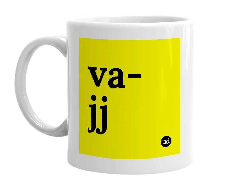 White mug with 'va-jj' in bold black letters