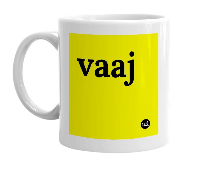 White mug with 'vaaj' in bold black letters