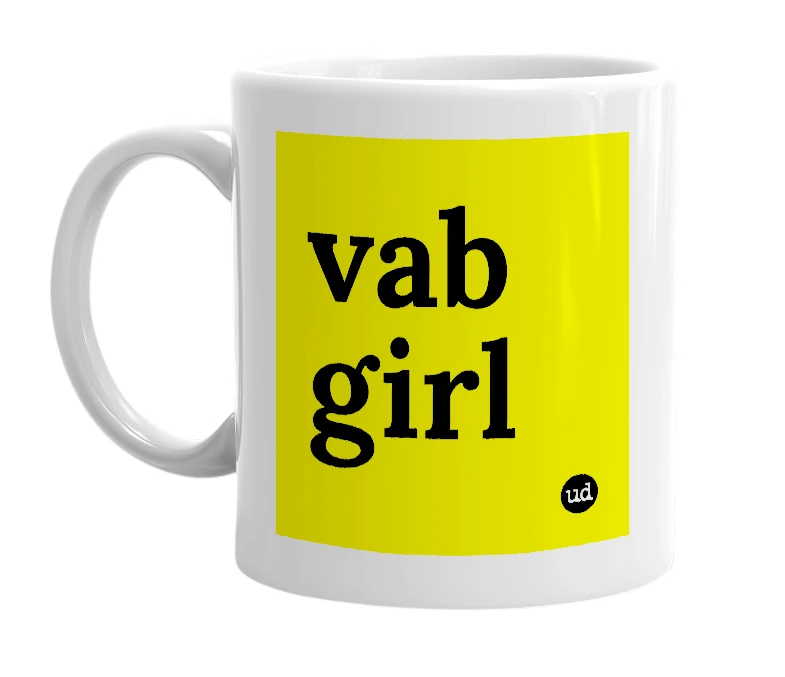 White mug with 'vab girl' in bold black letters