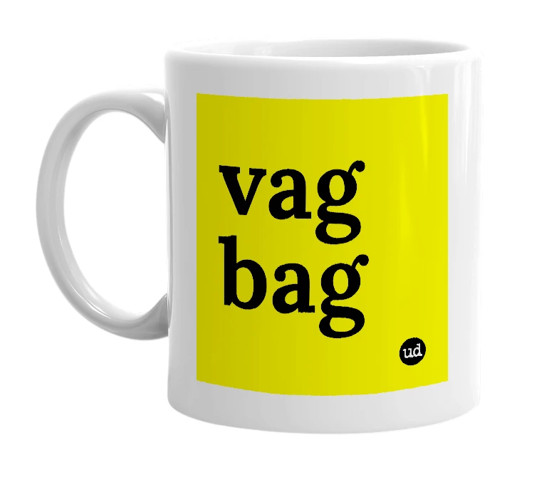 White mug with 'vag bag' in bold black letters