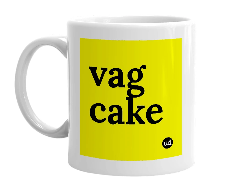 White mug with 'vag cake' in bold black letters
