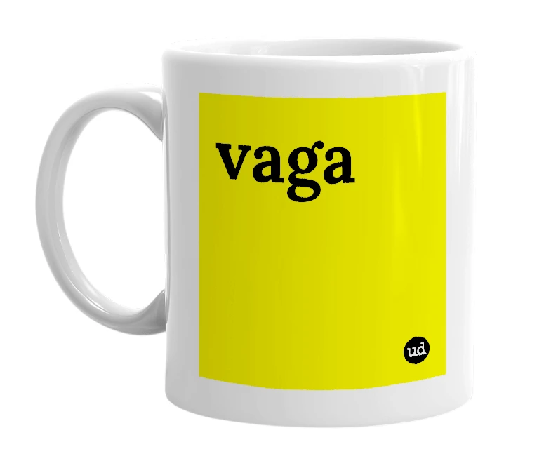White mug with 'vaga' in bold black letters