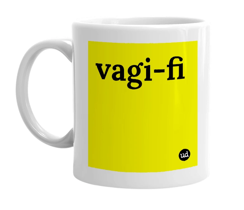 White mug with 'vagi-fi' in bold black letters