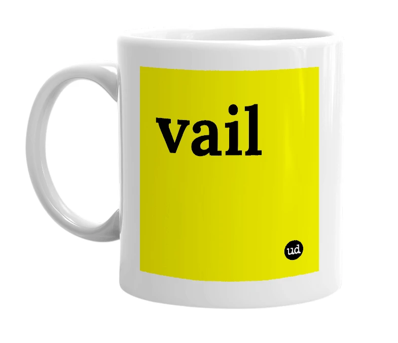 White mug with 'vail' in bold black letters