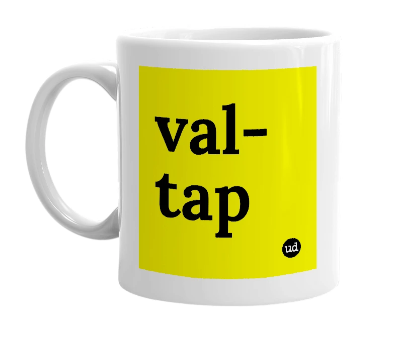 White mug with 'val-tap' in bold black letters