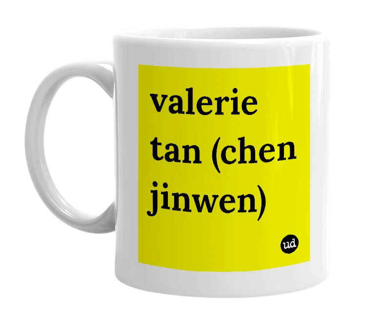 White mug with 'valerie tan (chen jinwen)' in bold black letters