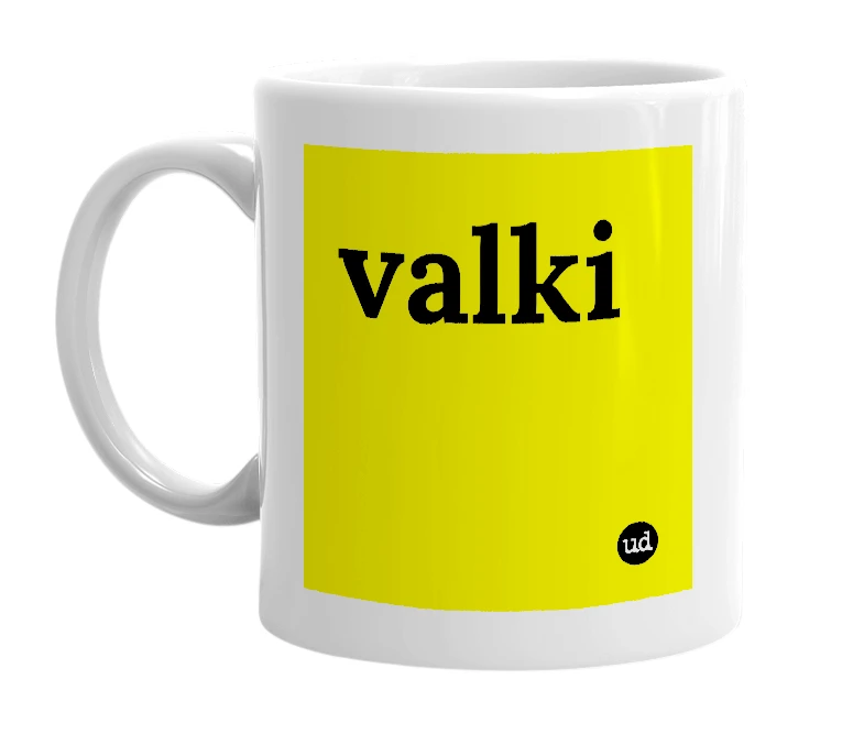 White mug with 'valki' in bold black letters