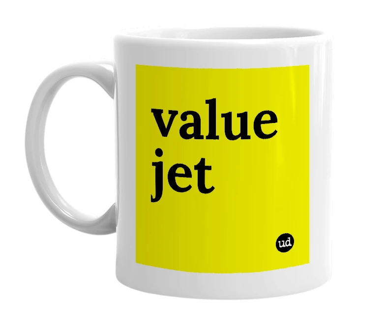 White mug with 'value jet' in bold black letters