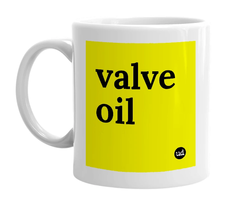 White mug with 'valve oil' in bold black letters