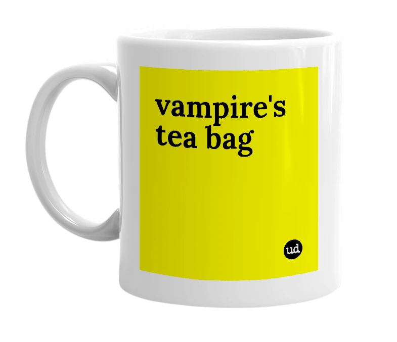 White mug with 'vampire's tea bag' in bold black letters