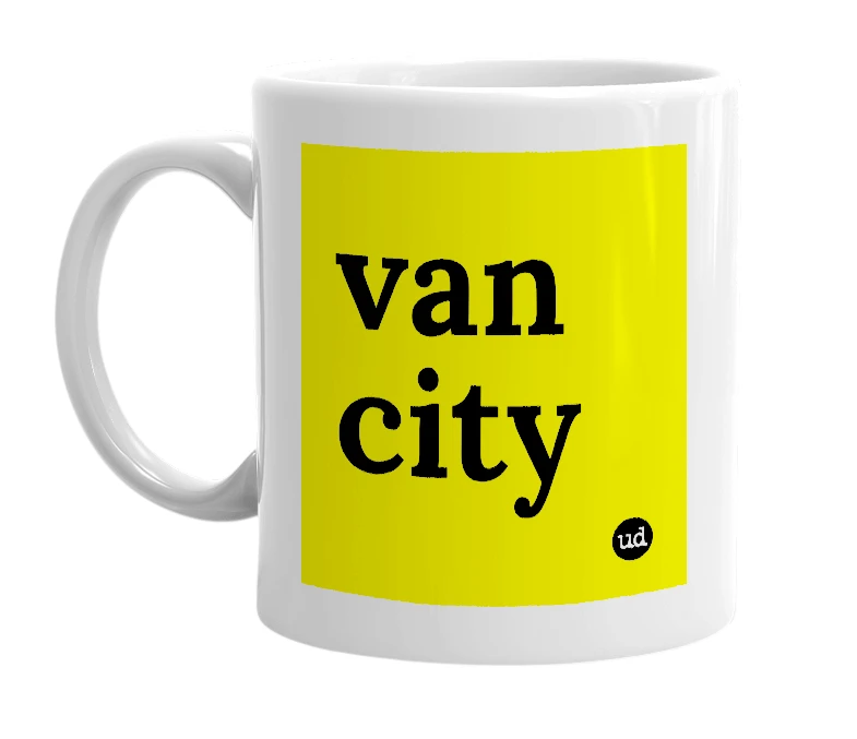 White mug with 'van city' in bold black letters