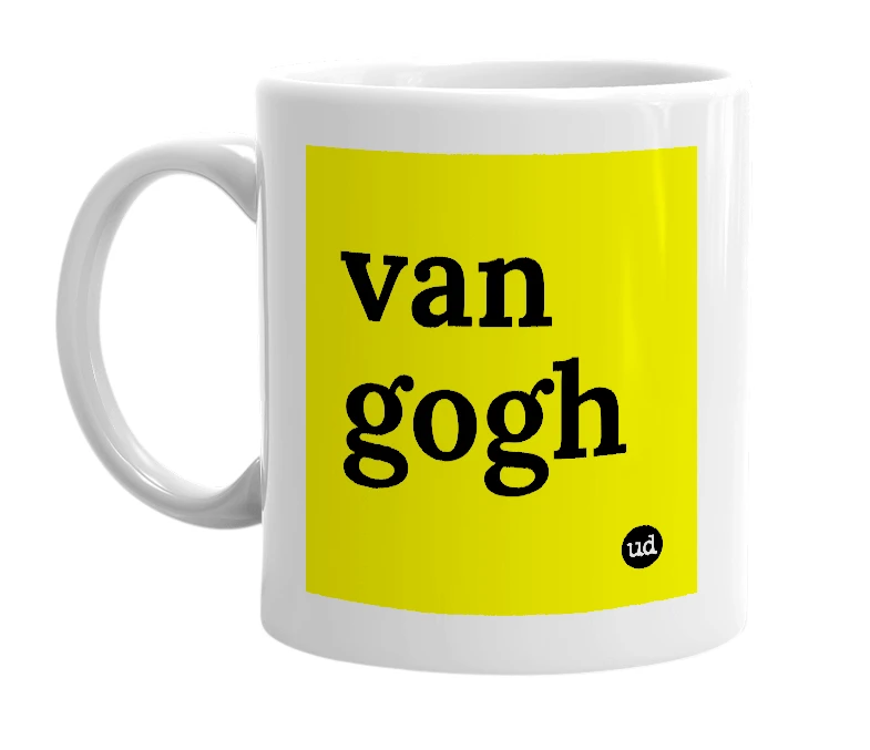 White mug with 'van gogh' in bold black letters