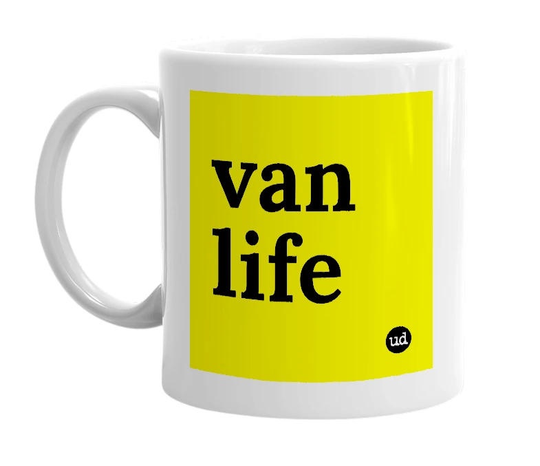 White mug with 'van life' in bold black letters