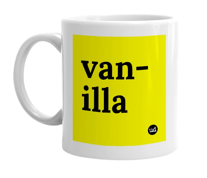 White mug with 'van-illa' in bold black letters