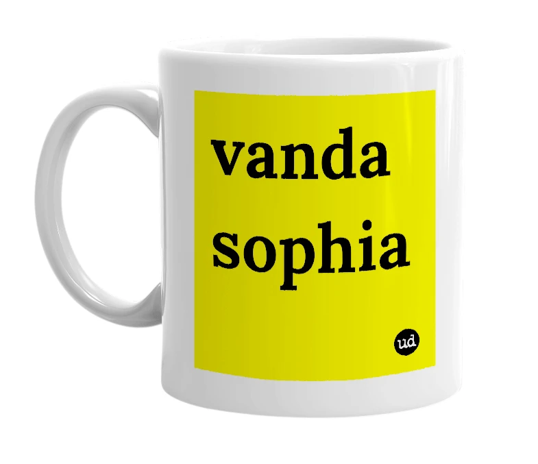 White mug with 'vanda sophia' in bold black letters