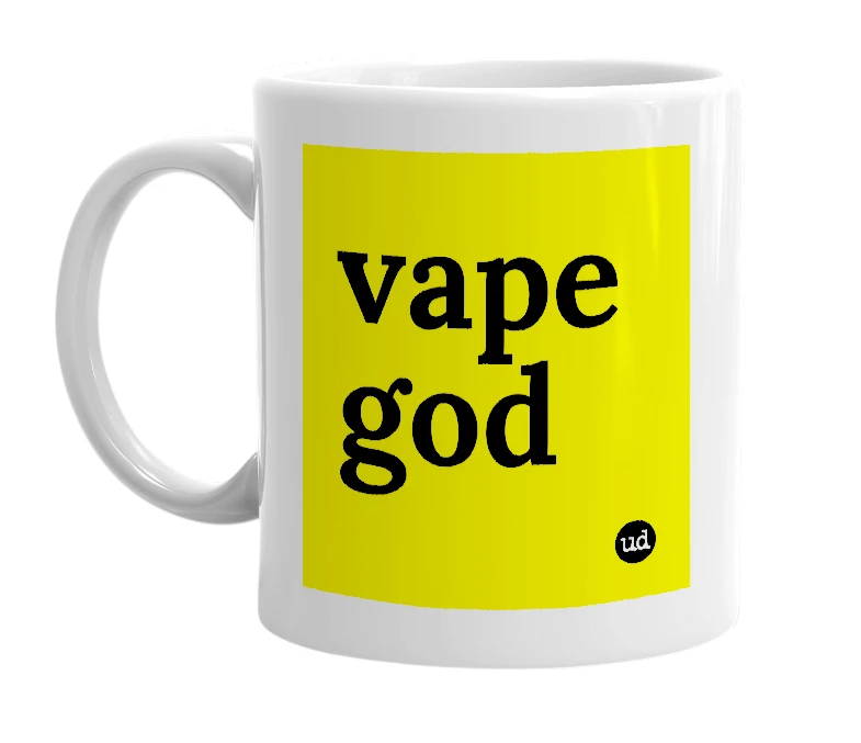 White mug with 'vape god' in bold black letters