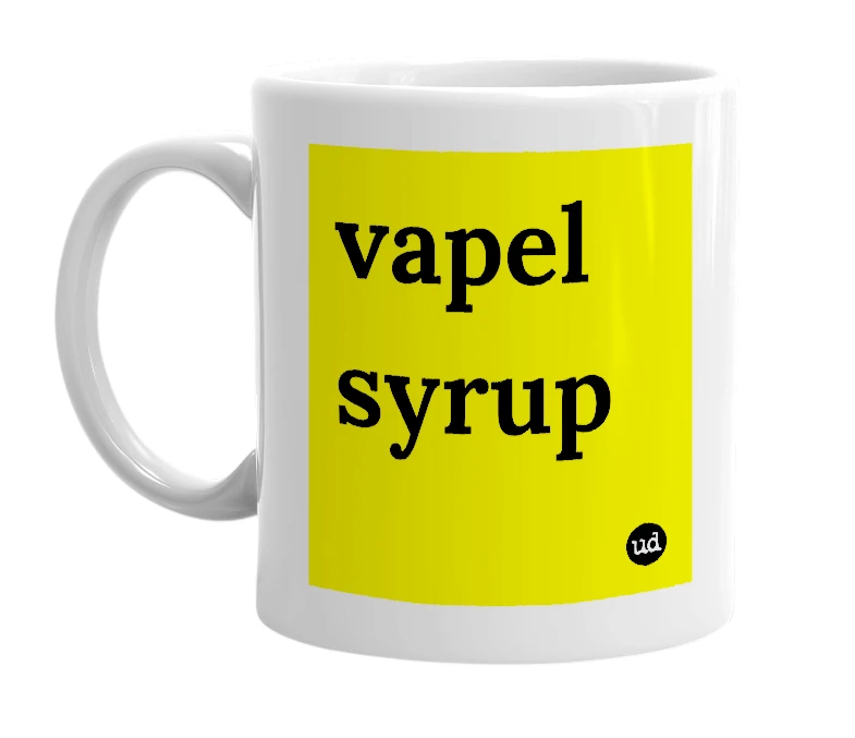 White mug with 'vapel syrup' in bold black letters