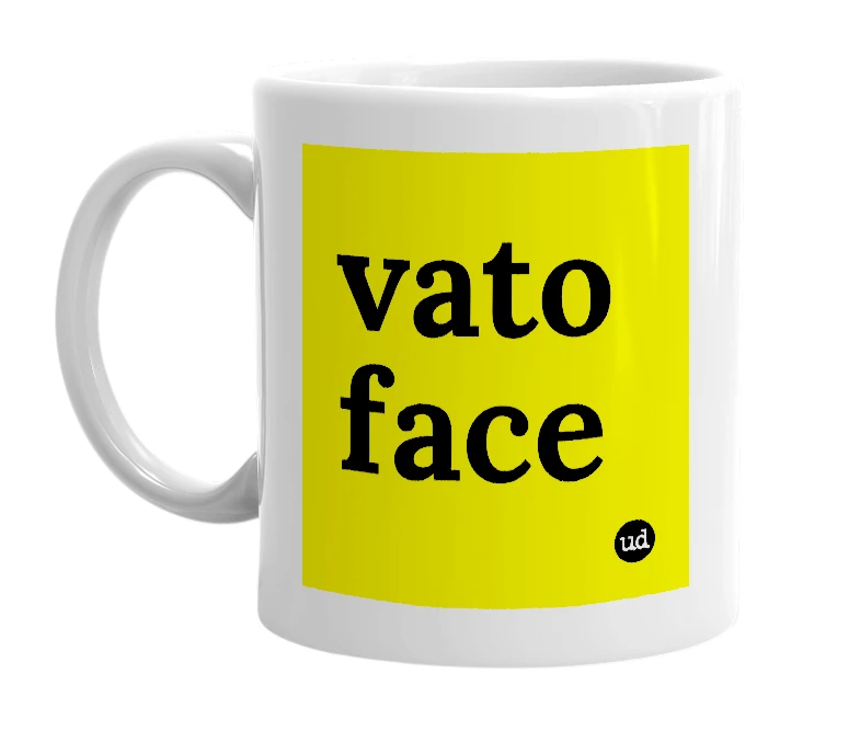White mug with 'vato face' in bold black letters