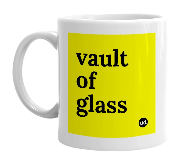 White mug with 'vault of glass' in bold black letters
