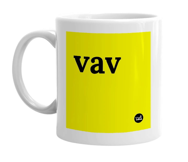 White mug with 'vav' in bold black letters