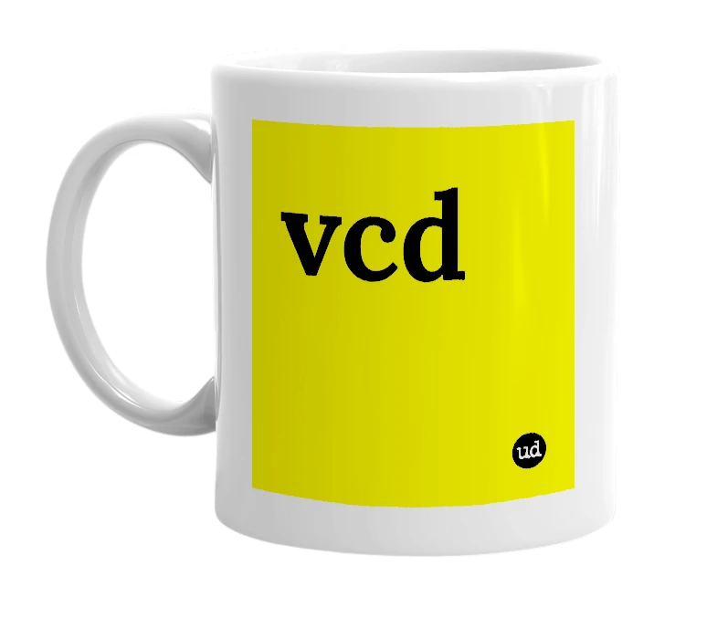 White mug with 'vcd' in bold black letters