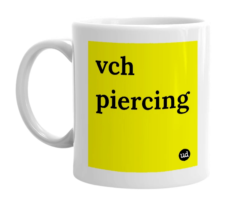 White mug with 'vch piercing' in bold black letters