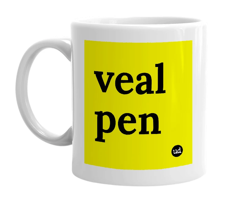 White mug with 'veal pen' in bold black letters