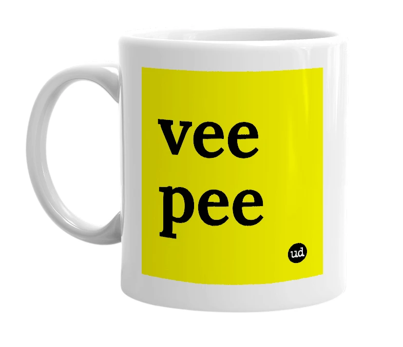 White mug with 'vee pee' in bold black letters