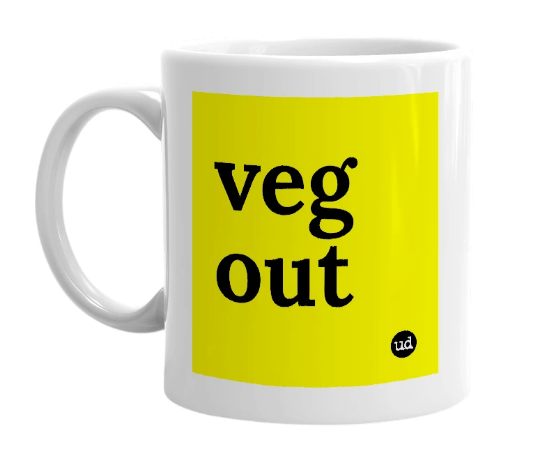 White mug with 'veg out' in bold black letters