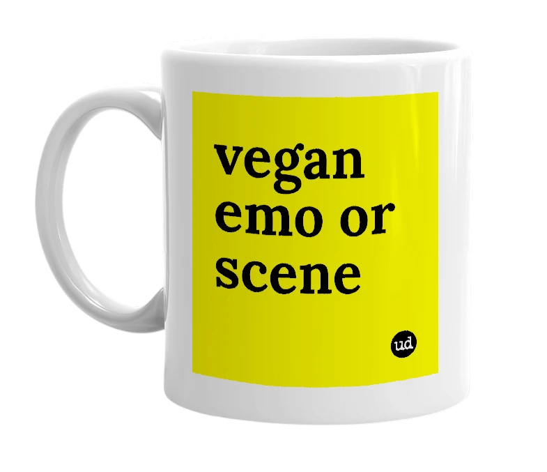 White mug with 'vegan emo or scene' in bold black letters