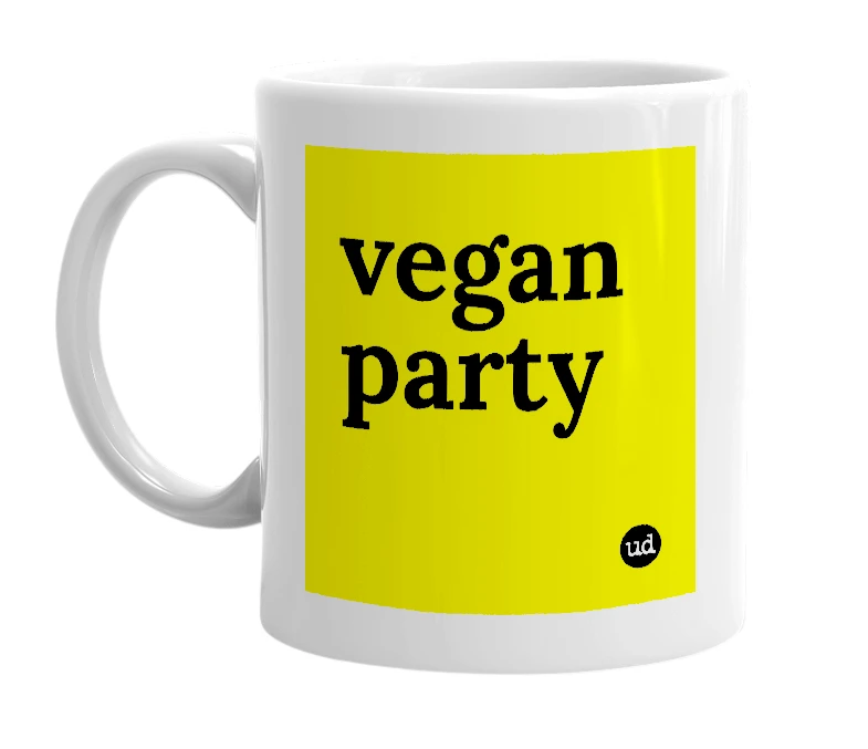 White mug with 'vegan party' in bold black letters