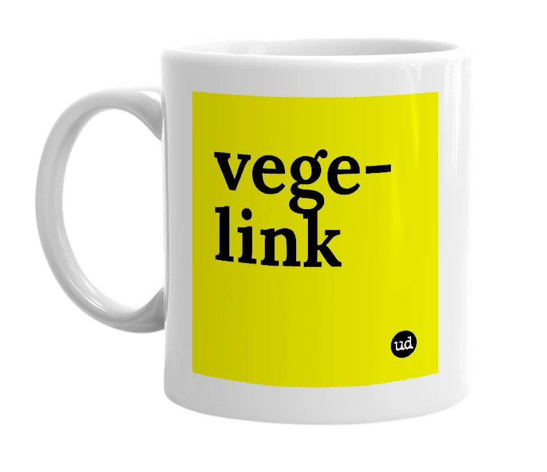 White mug with 'vege-link' in bold black letters