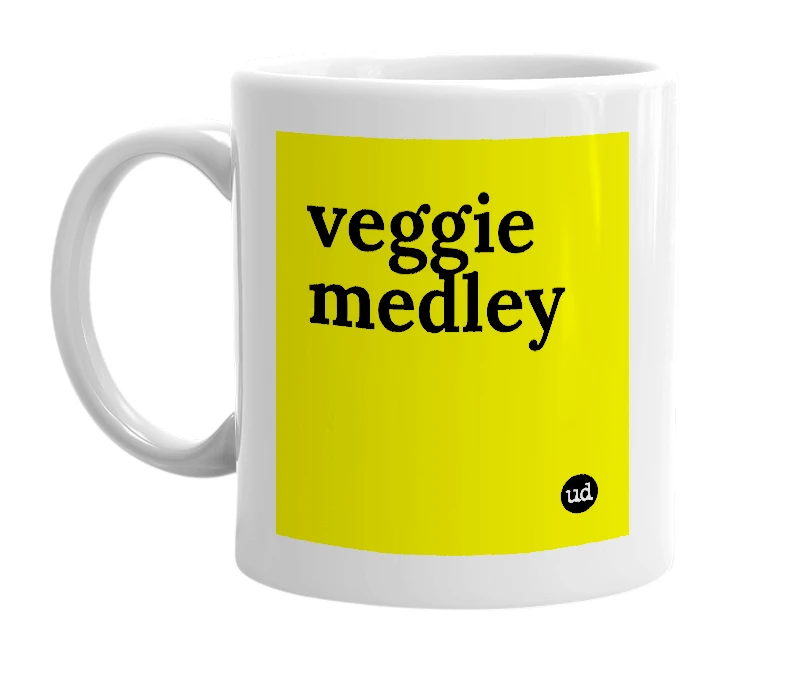 White mug with 'veggie medley' in bold black letters