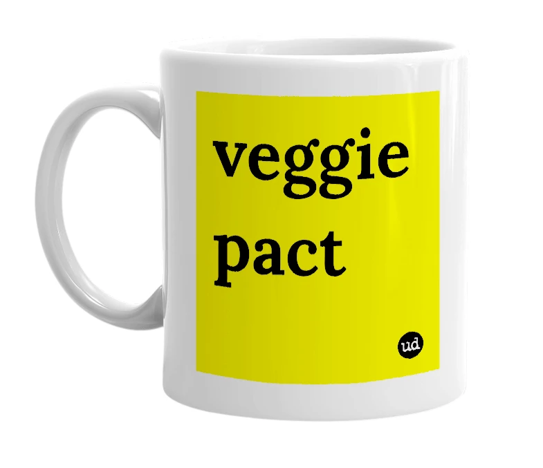 White mug with 'veggie pact' in bold black letters