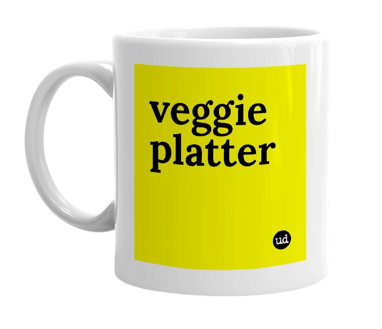 White mug with 'veggie platter' in bold black letters