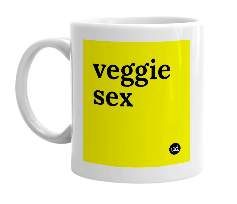 White mug with 'veggie sex' in bold black letters