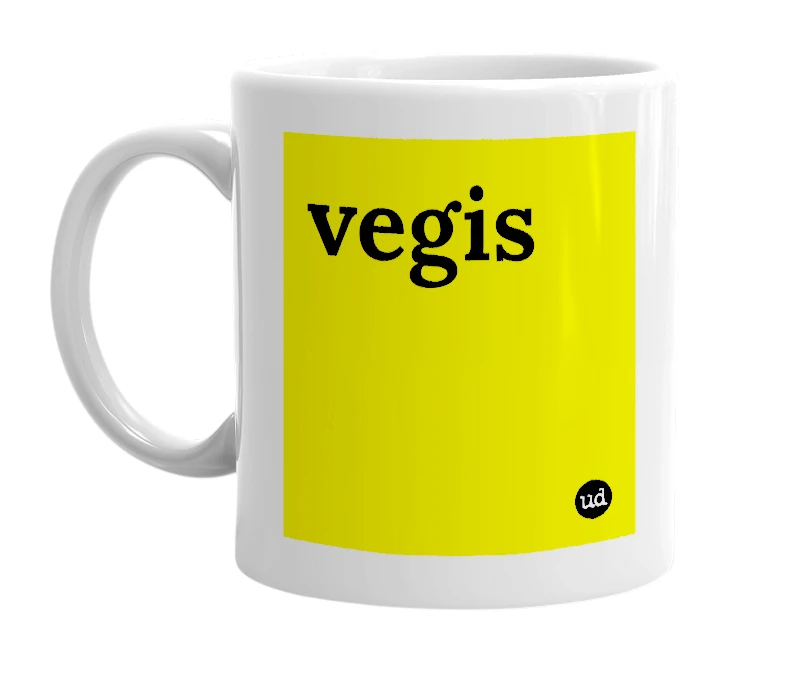 White mug with 'vegis' in bold black letters