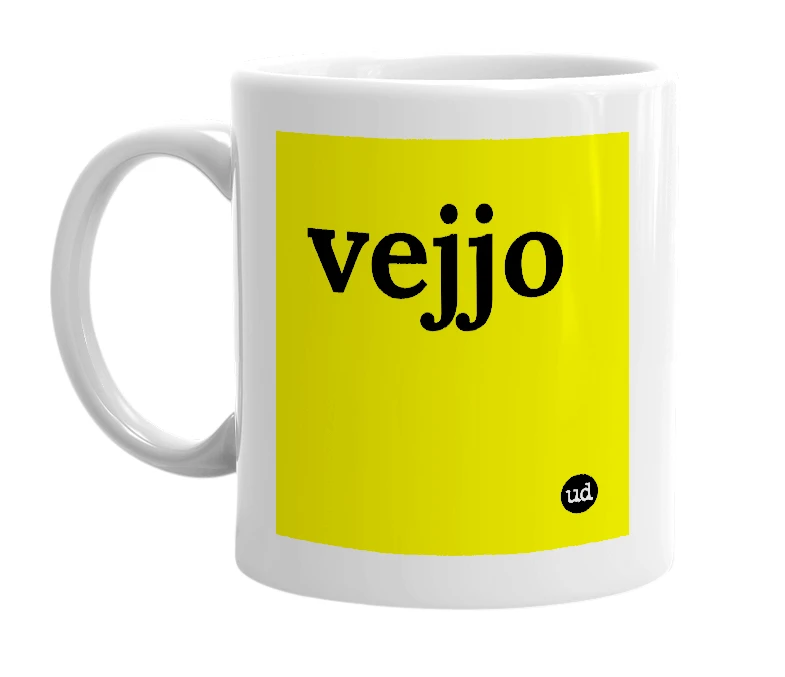 White mug with 'vejjo' in bold black letters