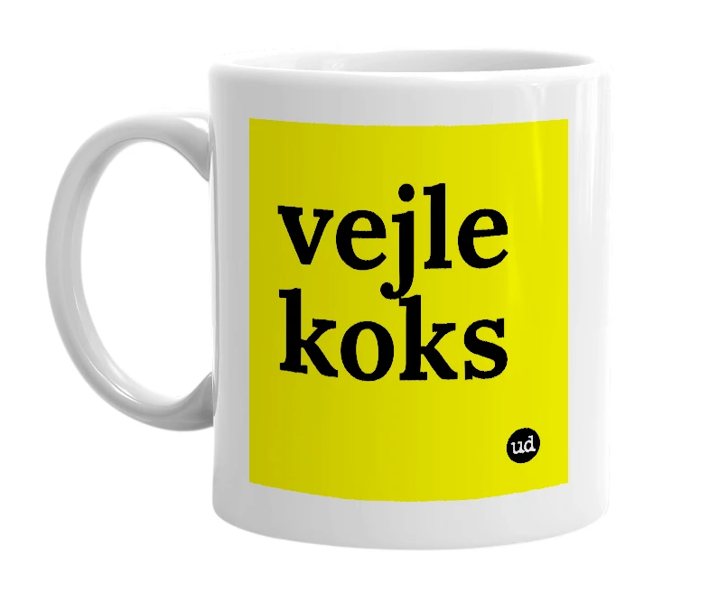 White mug with 'vejle koks' in bold black letters