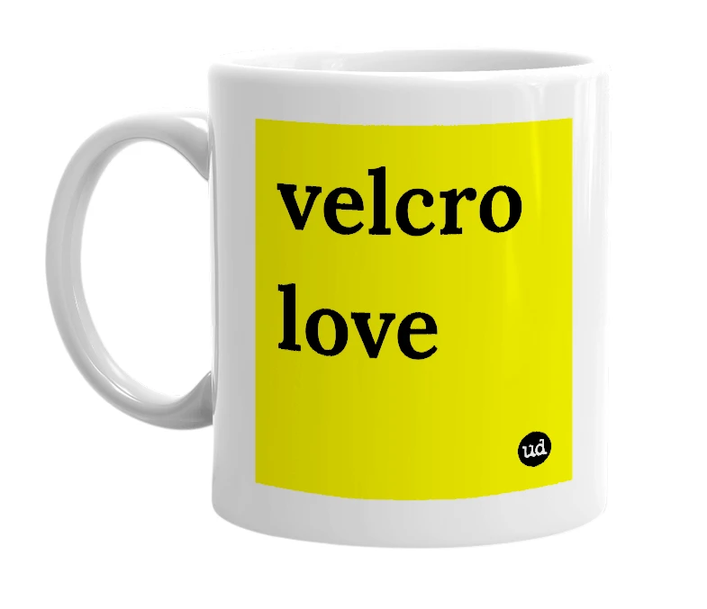 White mug with 'velcro love' in bold black letters