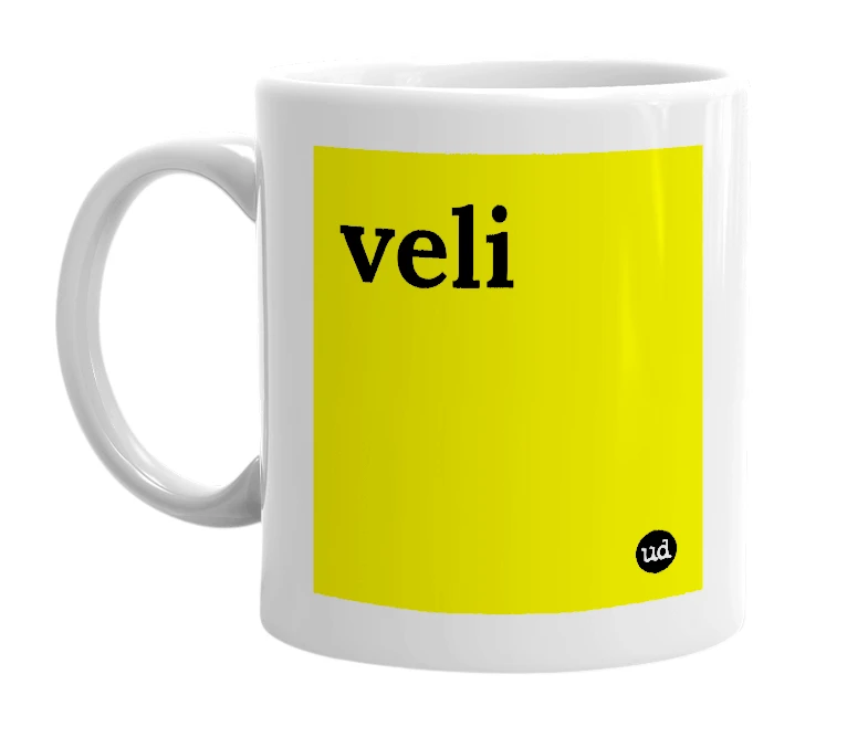 White mug with 'veli' in bold black letters