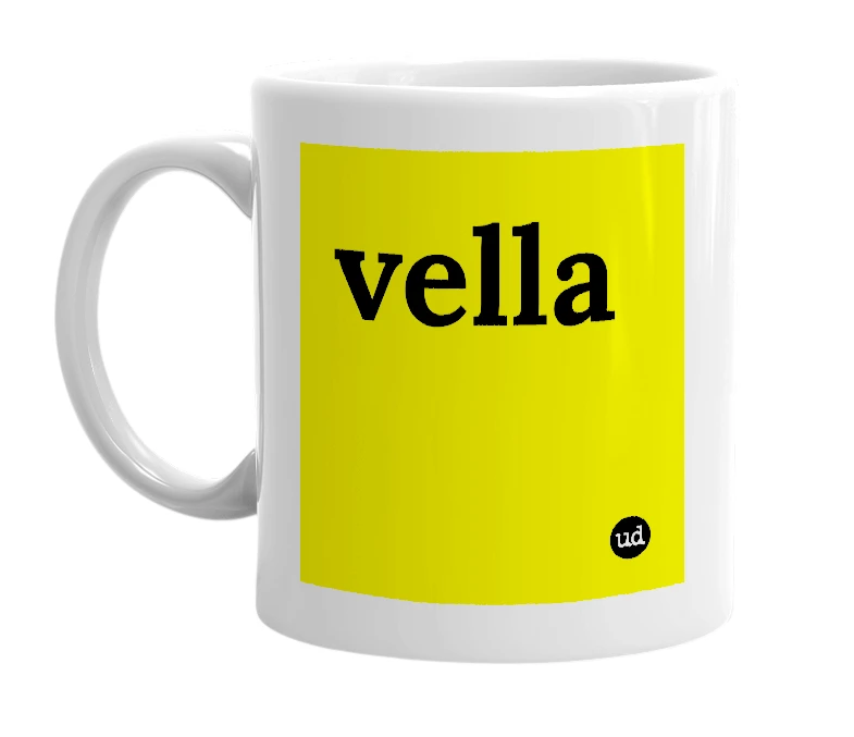White mug with 'vella' in bold black letters