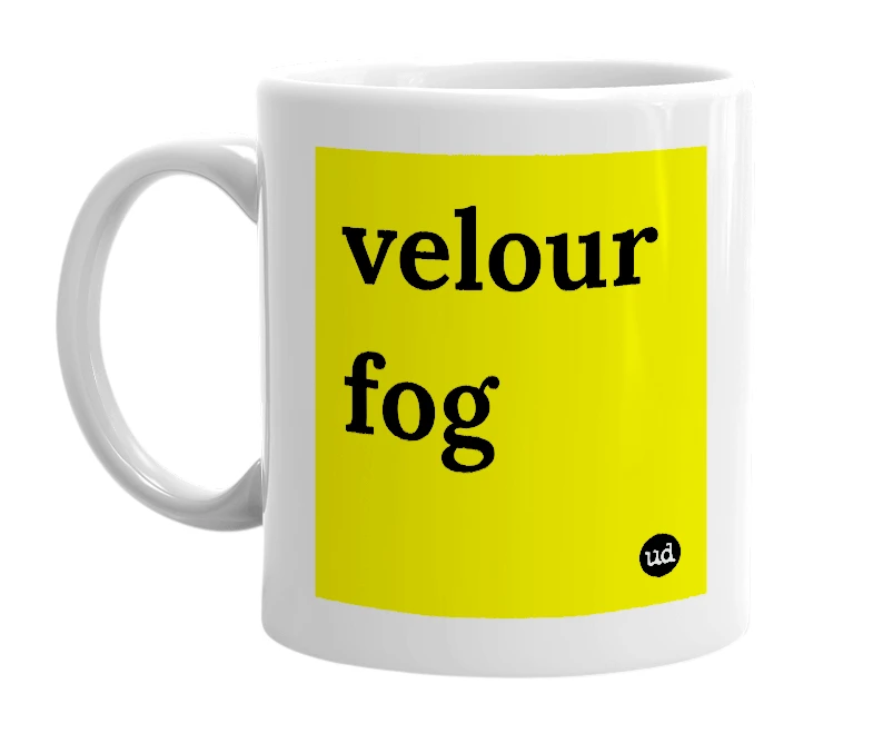 White mug with 'velour fog' in bold black letters