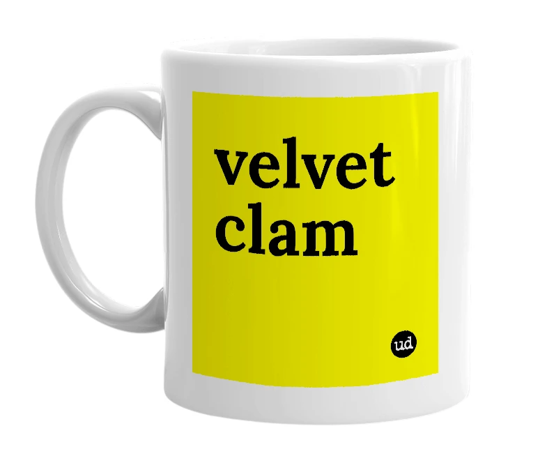 White mug with 'velvet clam' in bold black letters