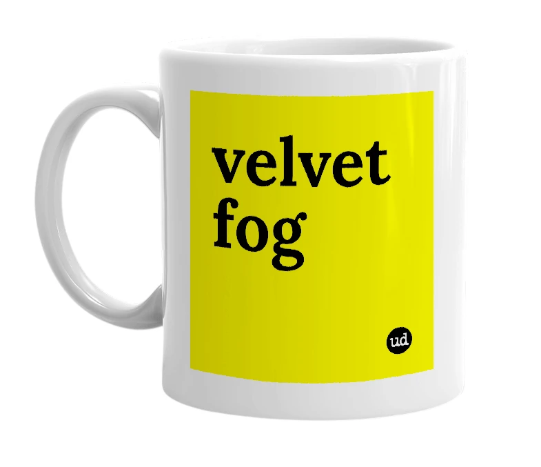 White mug with 'velvet fog' in bold black letters