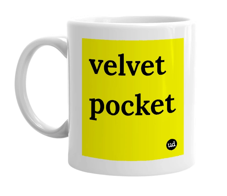 White mug with 'velvet pocket' in bold black letters